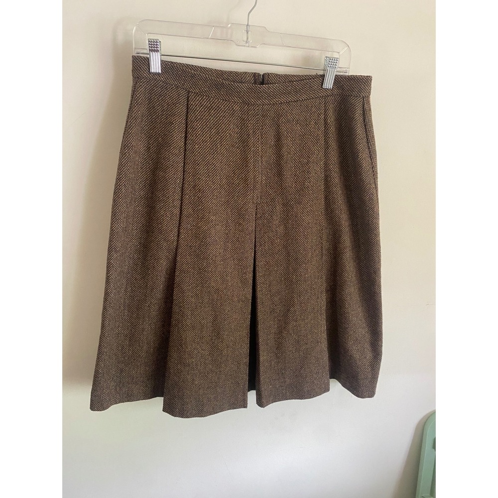 Vintage Classique Brown Herringbone Wool Blend A-Line Pleated Skirt